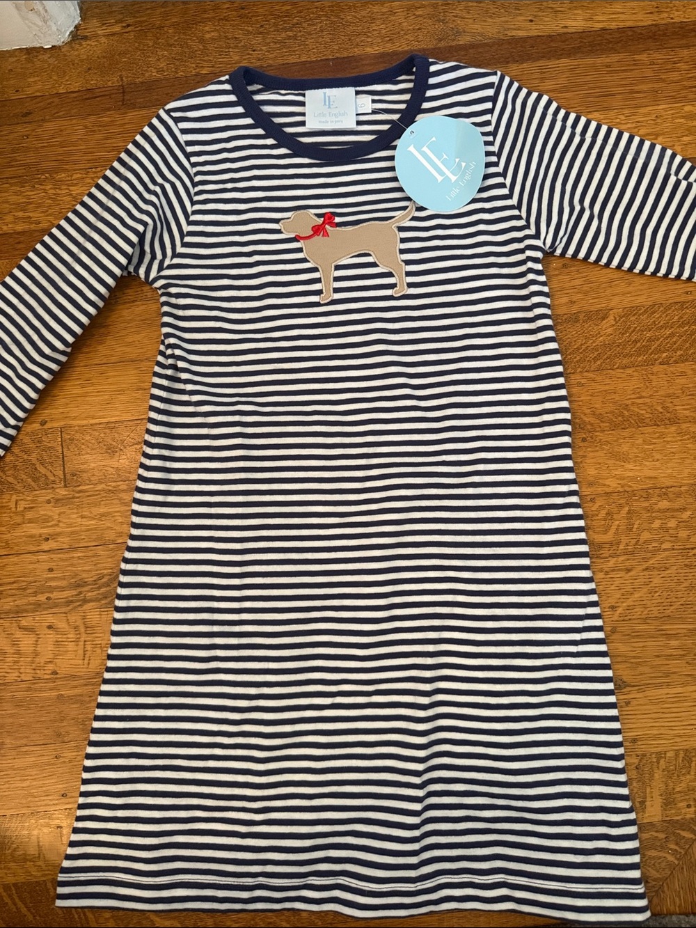 Little English Navy & White Striped Dress with Dog Applique